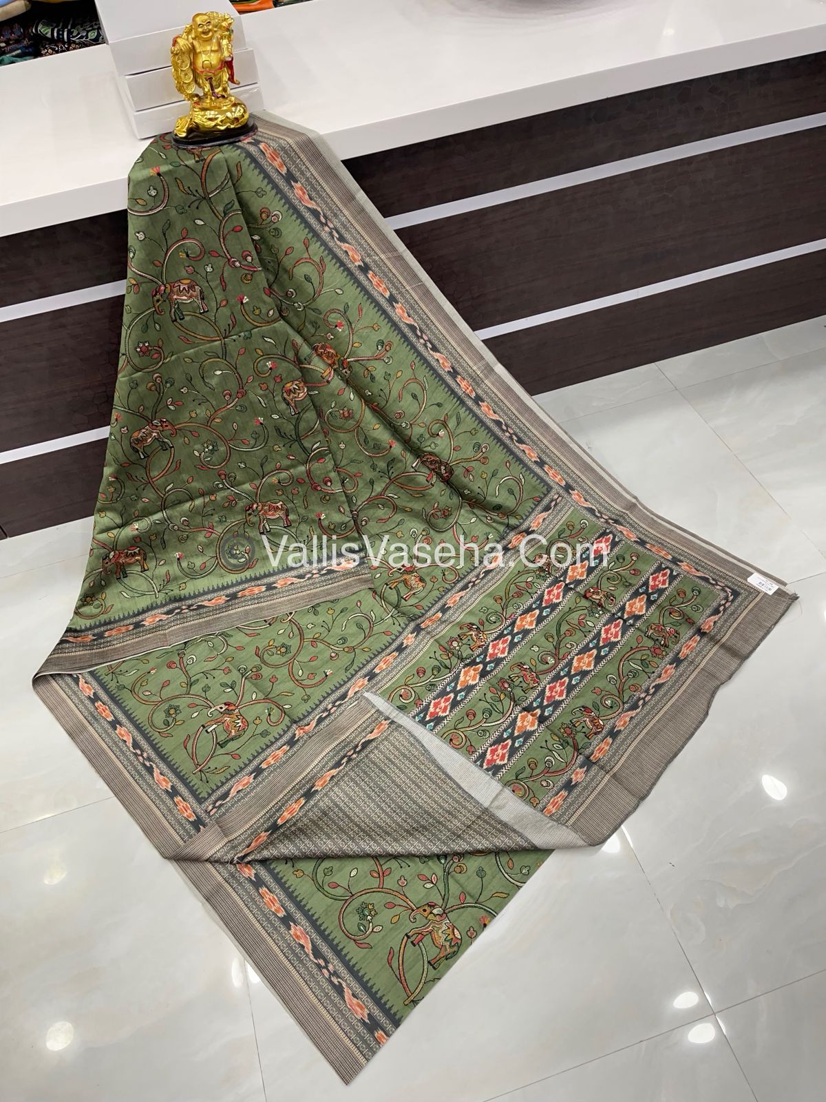 Semi Tussar - Kantha Work Embroidery - Green Shade - VVSTK001