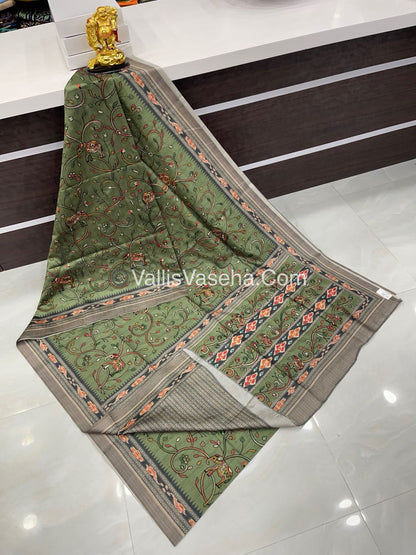 Semi Tussar - Kantha Work Embroidery - Green Shade - VVSTK001