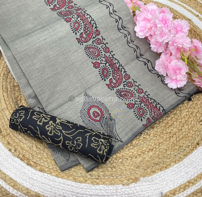 Poly Silk Mixed Printed Cotton - Grey with Black - VVPCP002