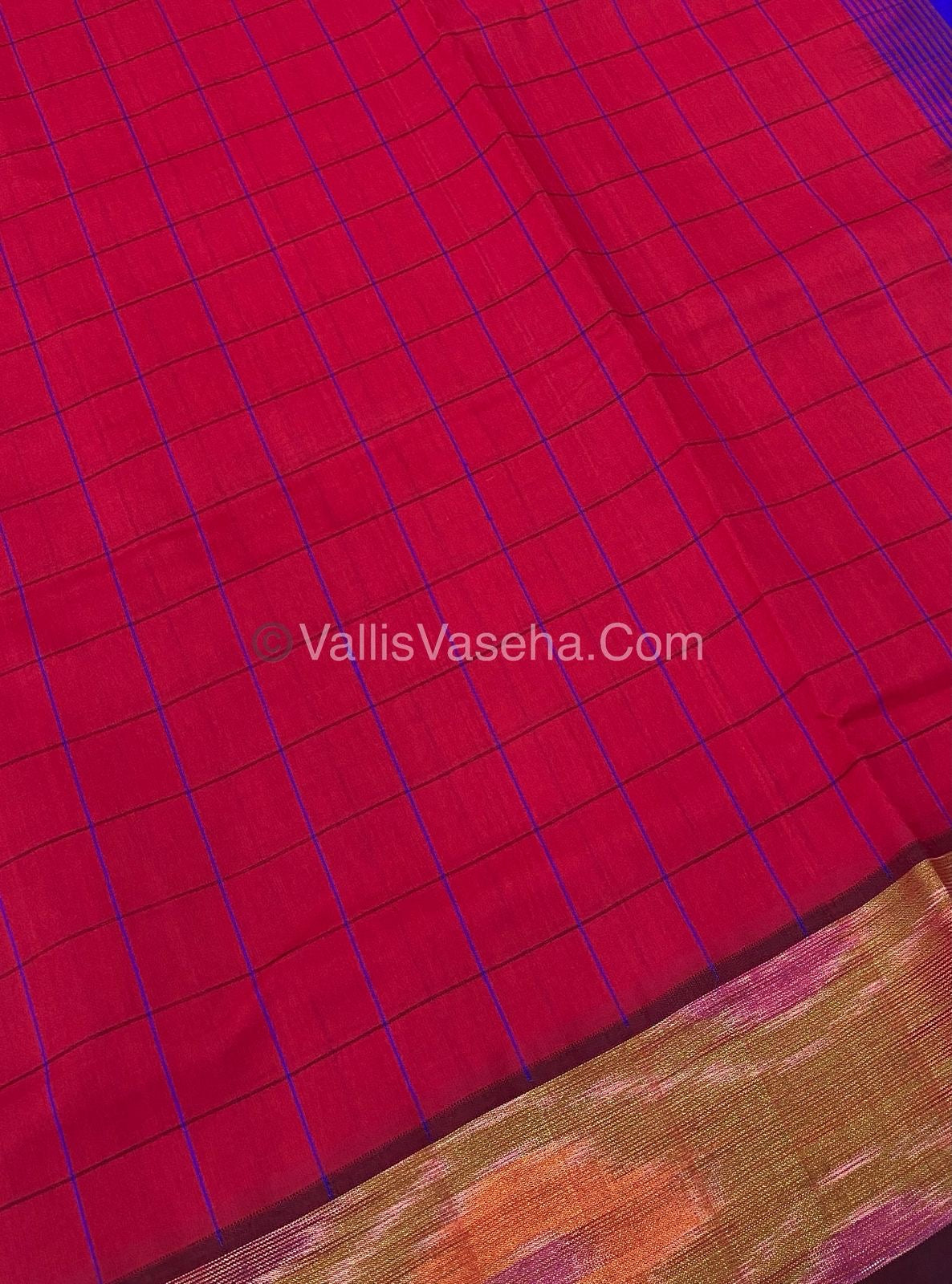 Semi Silk Cotton Saree - Reddish Pink & Ink Blue  - VVSSC001