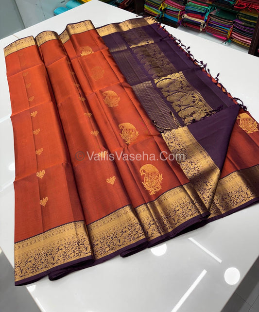 Pure Soft Silk Saree - Kanchi Border - Rust Orange & Purple Combo - VVPSS046