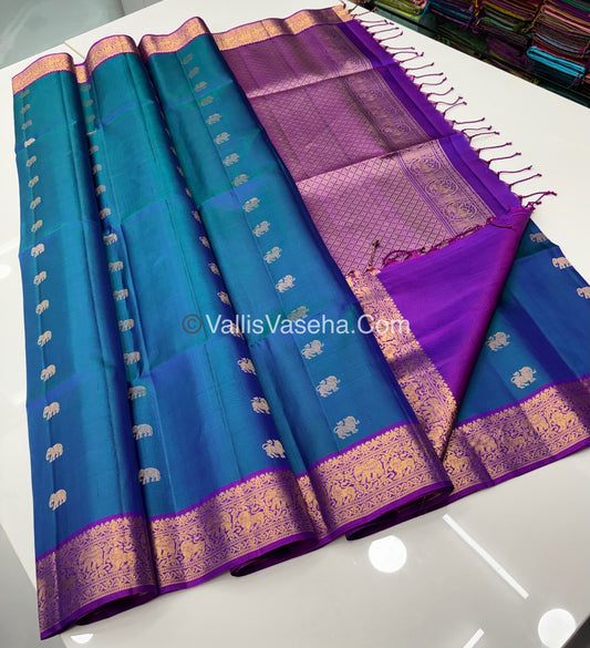 Pure Soft Silk Saree - Kanchi Border - Peacock Blue With Purple Shade - VVPSS046