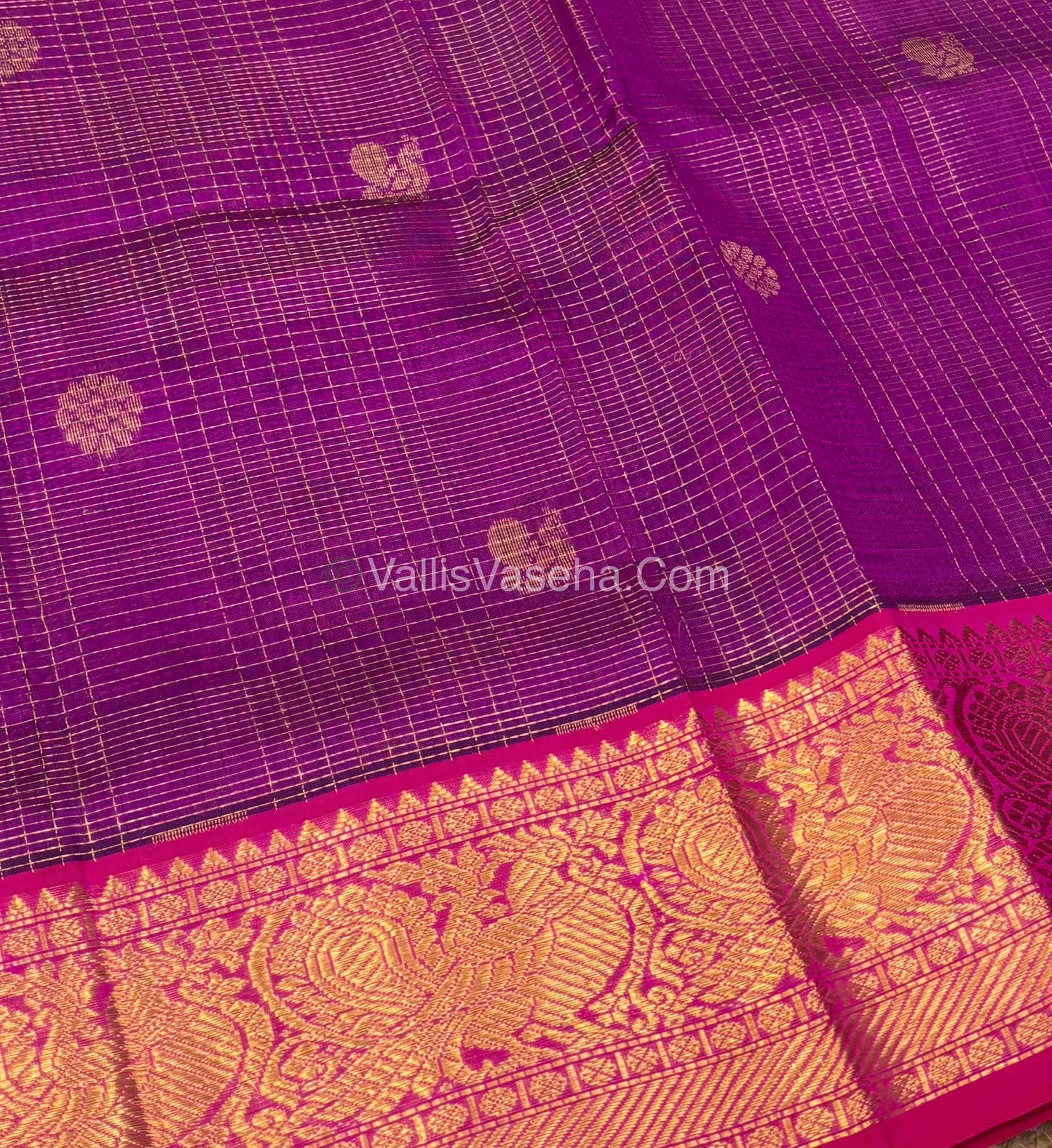Pure Silk Cotton Saree - Vairavoosi checks - Mayil & Chakkaram - Purple With Pink  - VVMCV001
