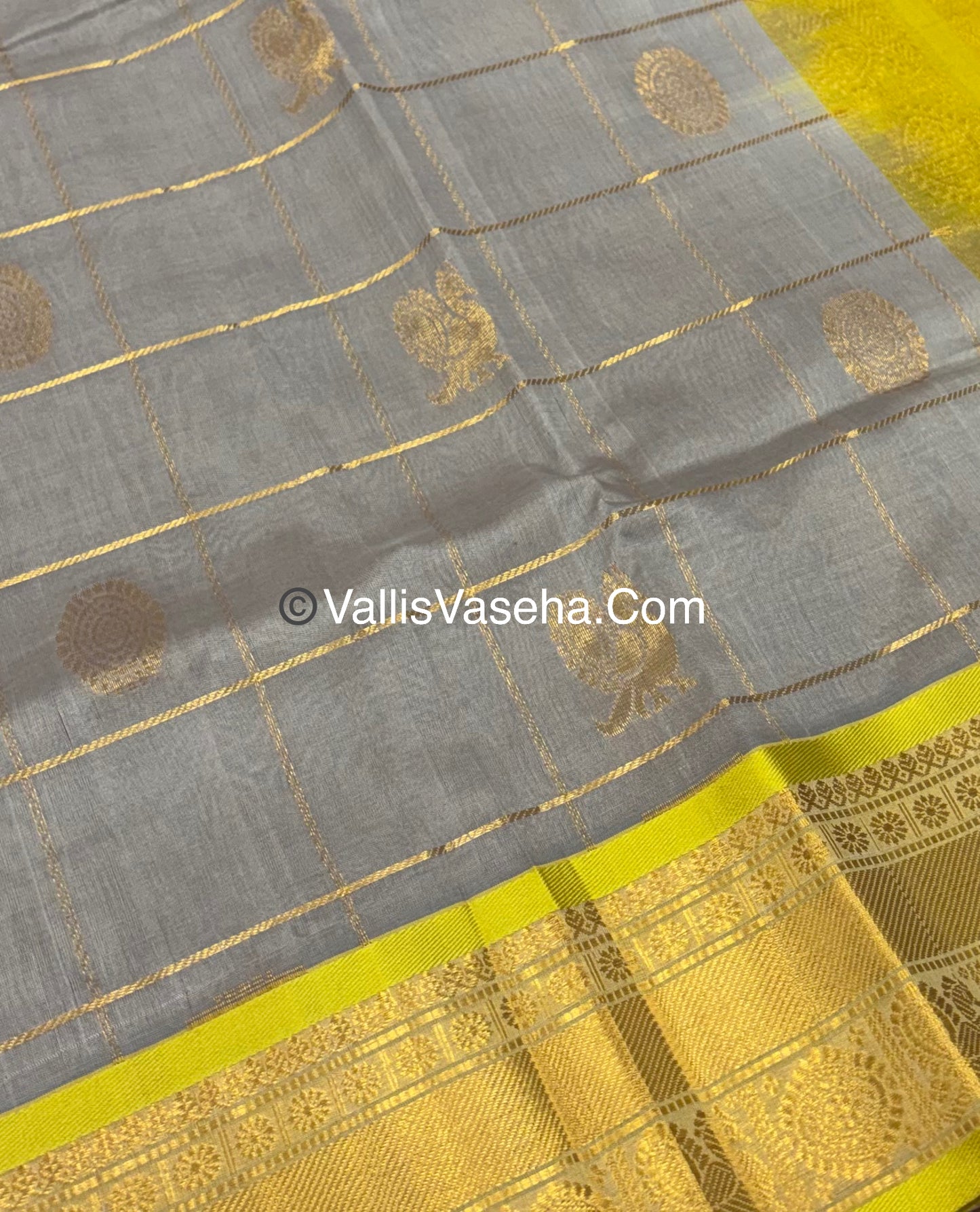 Pure Silk Cotton Saree - Mayil & Chakkaram Design - Grey With Yellow  Shade - VVMC001