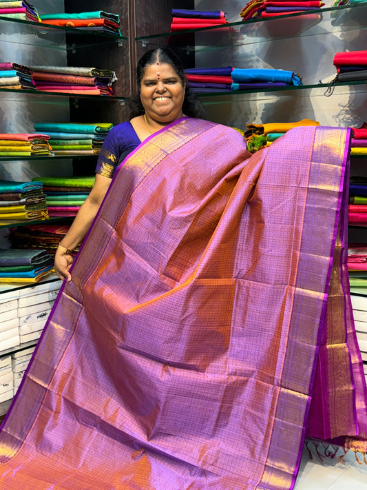 Pure Silk Cotton Saree - Double tone Onion Pink and Purple - Lakshadeepam Design - VVPLD001