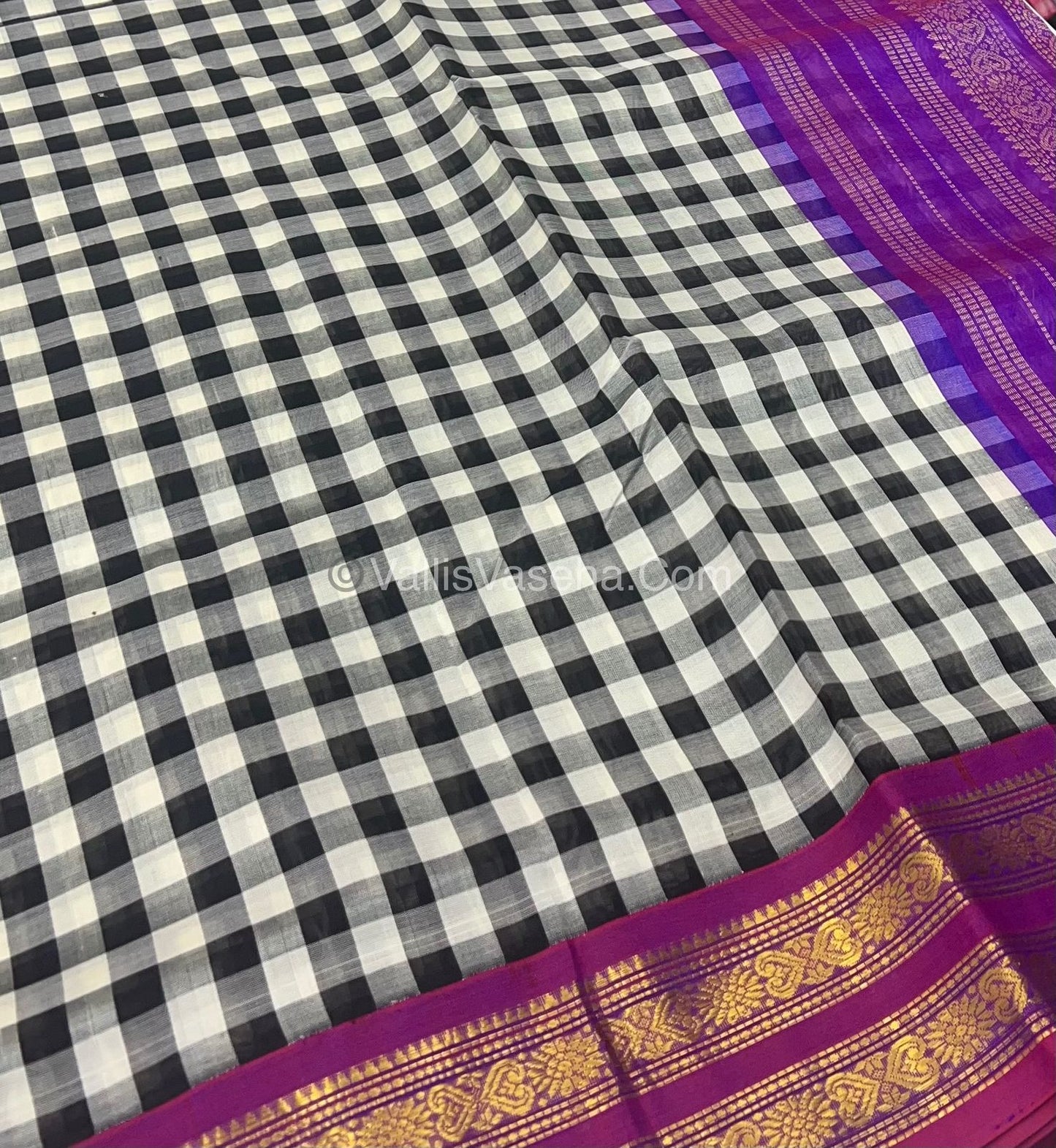 Pure Korvai Silk Cotton With Retta Petta Border -Black & White kattam pattern with Purple Combo - VVKSC003