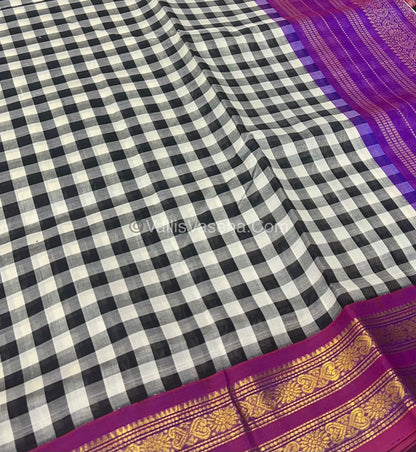 Pure Korvai Silk Cotton With Retta Petta Border -Black & White kattam pattern with Purple Combo - VVKSC003
