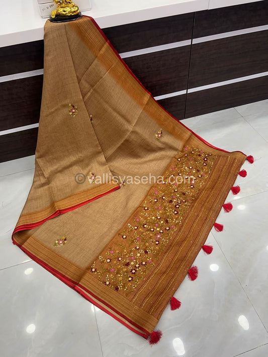 French Knot - Tissue Saree - Dark Chiku Shade - VVLFN002