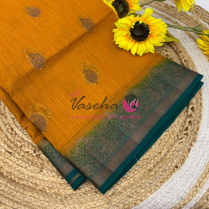 Bamboo Silk Saree- Yellow with Blue Shade - VVBSS014
