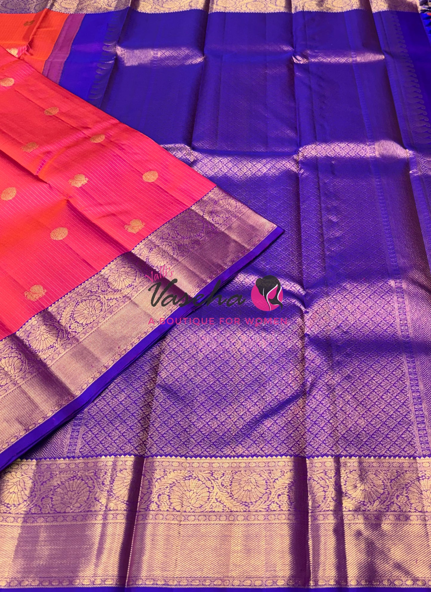 Pure Kanchipuram Silk Saree - Vairavoosi Design  - Peachish Pink & Purple Combo - VVPS059