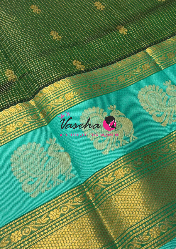 Pure Korvai Silk Cotton - Checks Pattern - Green  With Blue Shade  - VVKSC034