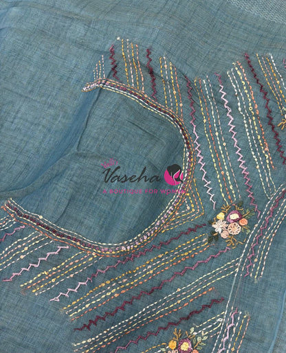 French Knot - Linen Tissue Saree - Blue Shade - VVLFN018