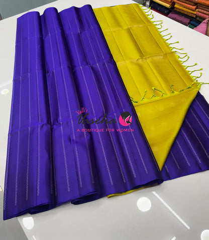 Pure Soft Silk Saree - Border Less  - Violet & Lemon Green Combo - VVPSS066