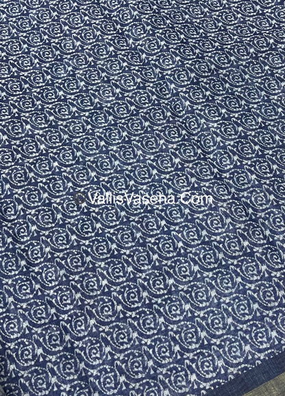 Linen Mixed Cotton Saree - Indigo Blue - Printed - VVLMP001