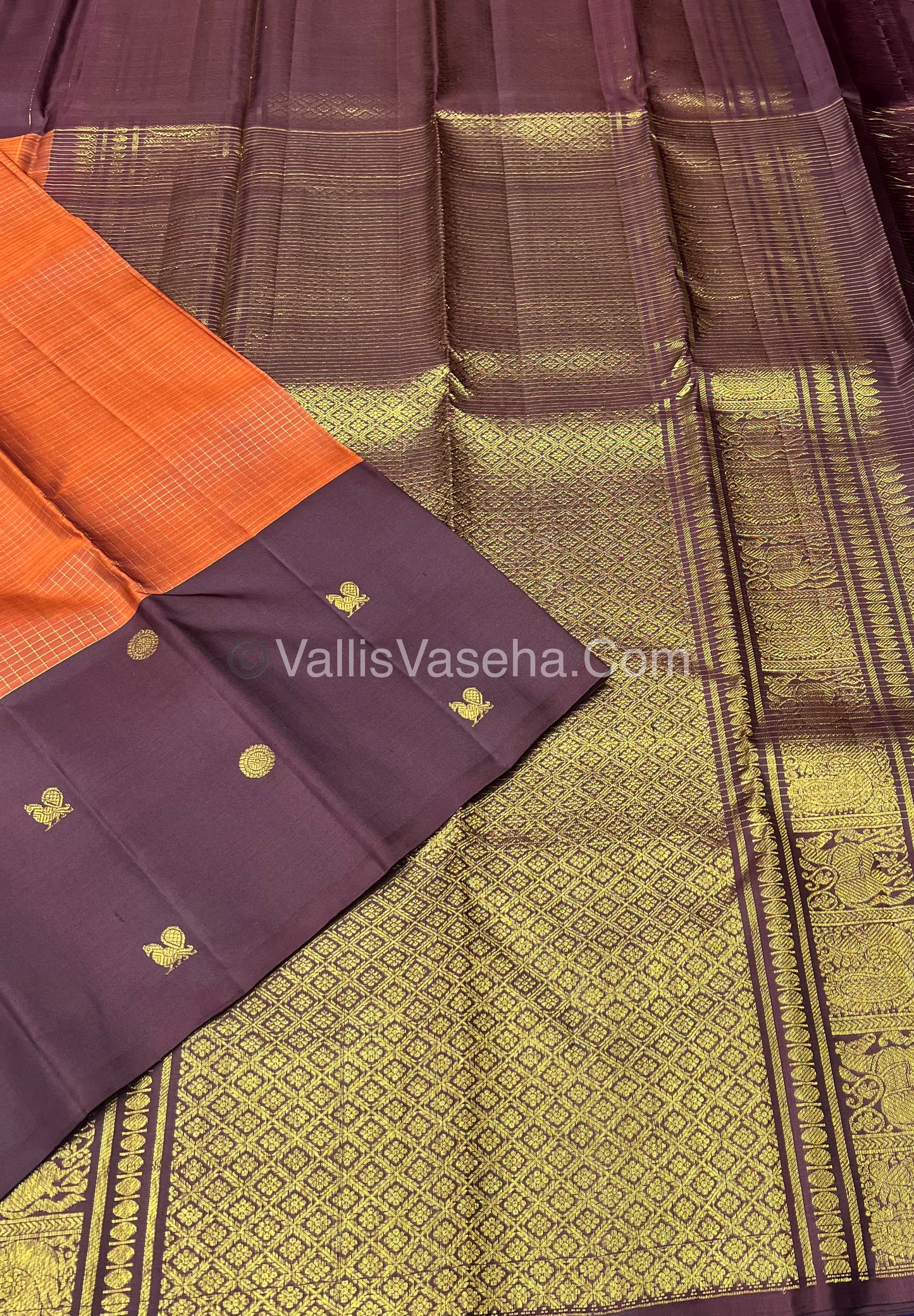 Pure Kanchipuram Silk Saree - Rust Orange & Wine Brown Shade  - VVPS024