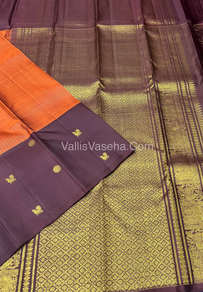 Pure Kanchipuram Silk Saree - Rust Orange & Wine Brown Shade  - VVPS024