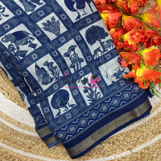 Semi Maheshwari Mixed Cotton Saree - Linen Feel - Indigo Blue - VVMSC008