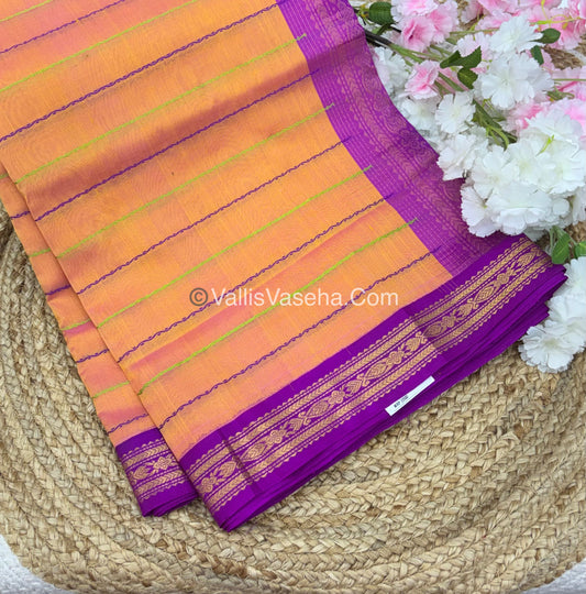 Pure Korvai Silk Cotton - Peachish Orange with Purple - VVKSC028