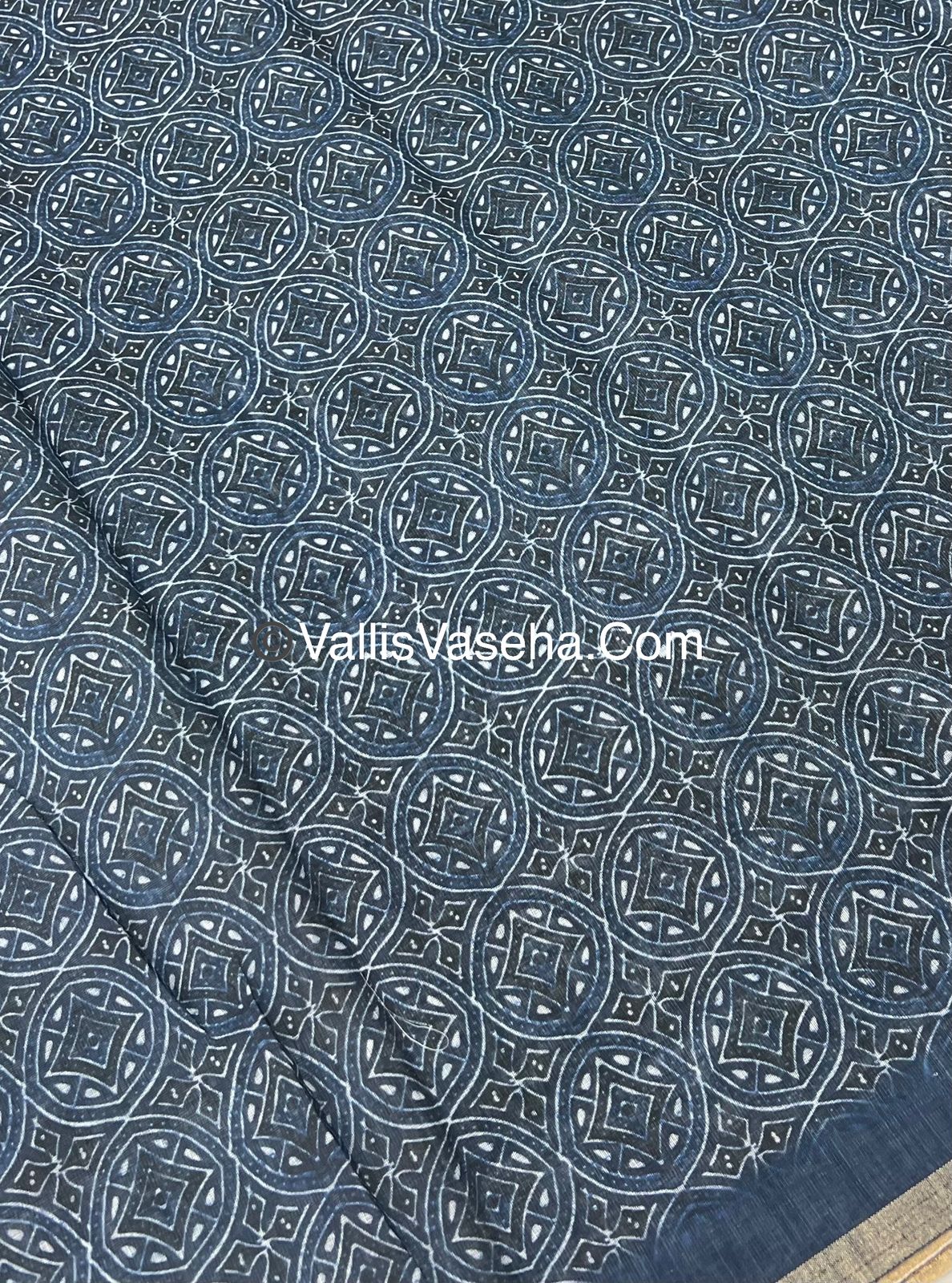 Linen Mixed Cotton Saree - Indigo Blue - Printed - VVLMP001