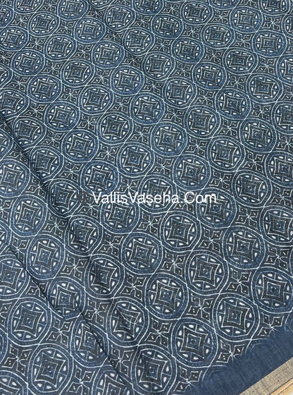 Linen Mixed Cotton Saree - Indigo Blue - Printed - VVLMP001