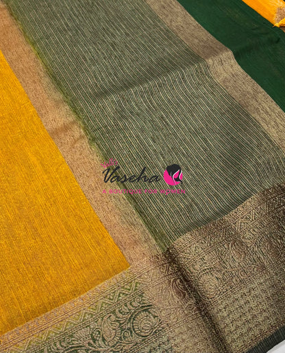 Bamboo Silk Saree - Yellow With Green  - VVBSS019