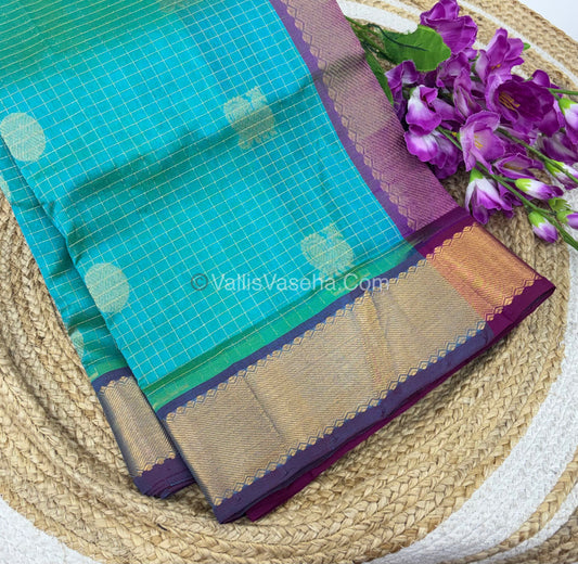 Pure Silk Cotton Saree - Mayil & Chakkaram Design - Turquoise Blue With Purple Shade - VVMC002
