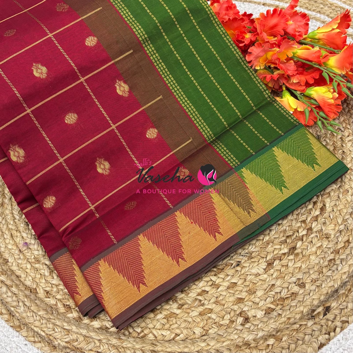 Semi Silk Cotton Saree - Checked Pattern with Butta  - VVSSC012
