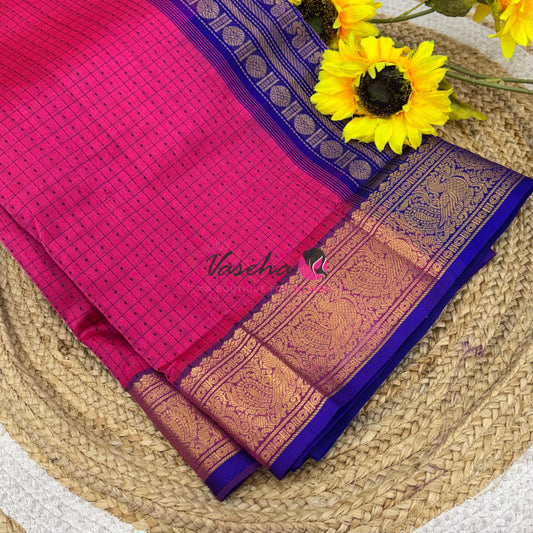 Pure Silk Cotton Saree - Pink With Blue White - Lakshadeepam Design - VVPLD001