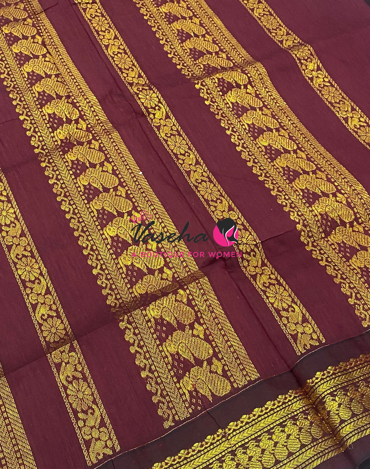 Kalyani Cotton Saree - Mustard Yellow With Maroon Shade - VVKC002