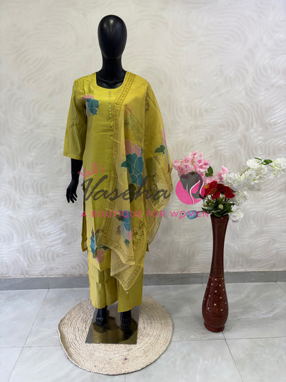 Readymade 3pc Set - Thread Embroidered - Lemon Yellow - VVRMS009