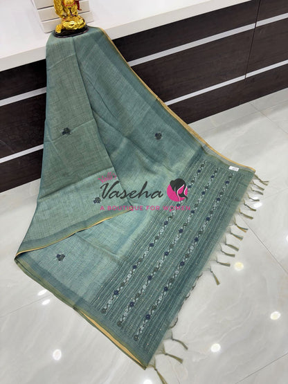 French Knot - Linen Tissue Saree - Blue Shade - VVLFN015