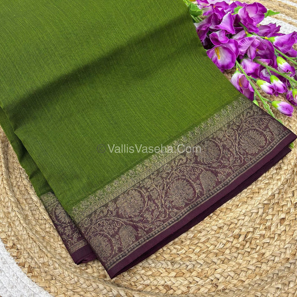 Bamboo Silk Saree - Mehandi Green With Wine Shade - VVBSS007