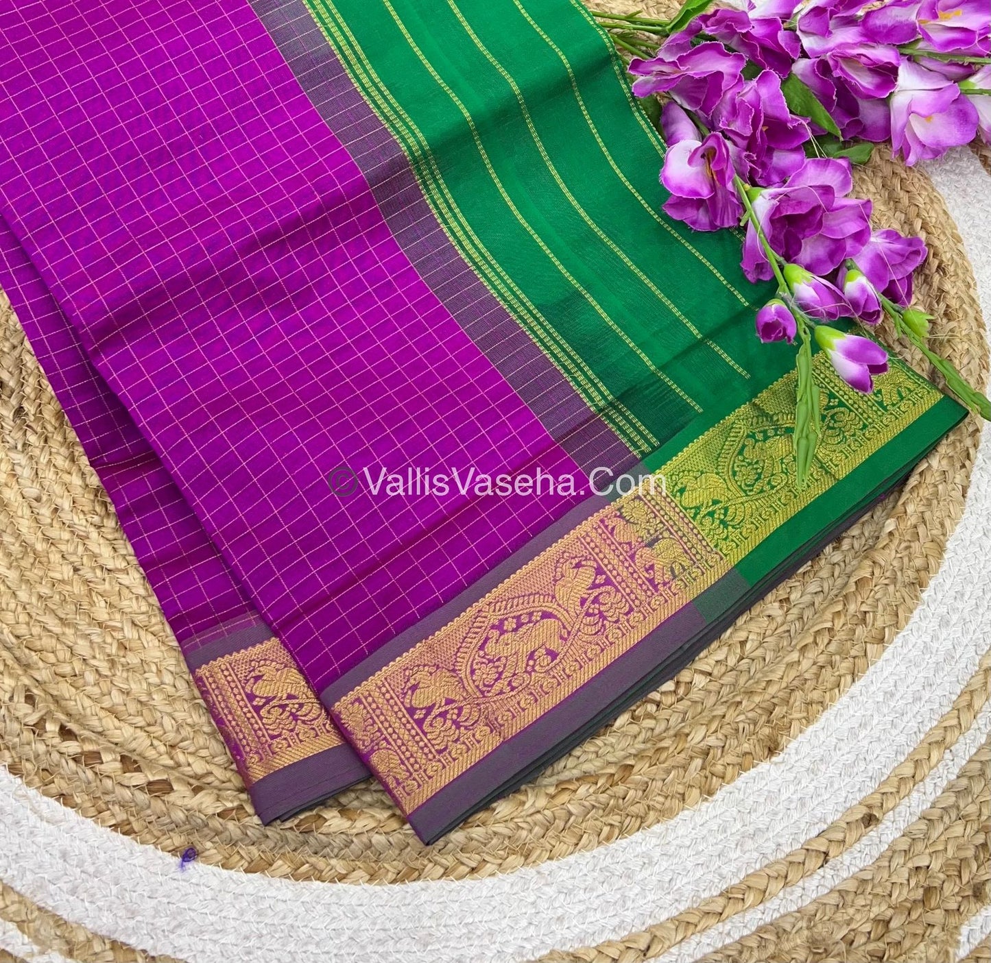 Semi Silk Cotton Saree - Pink With Green shade - VVSSC003