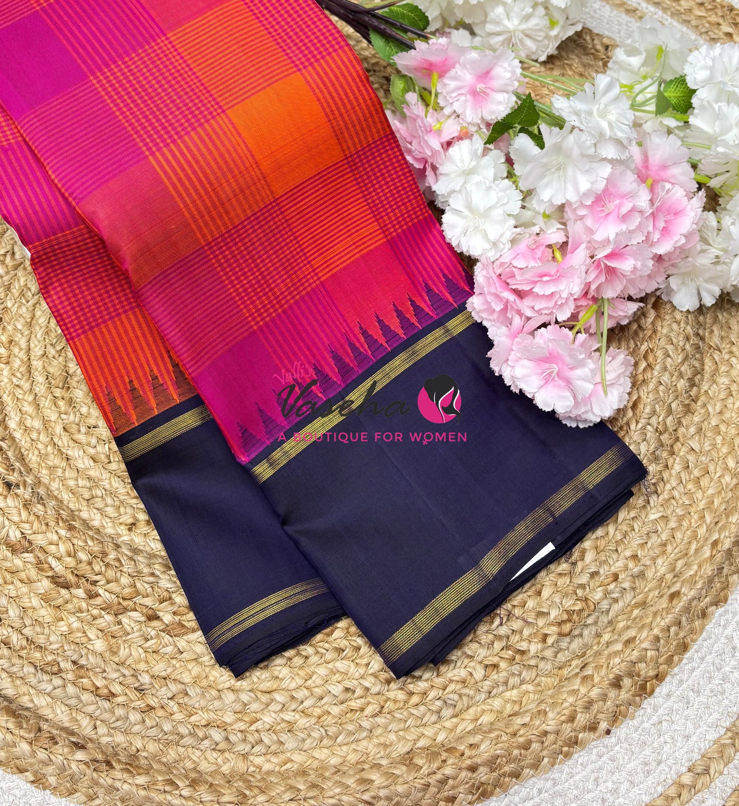 Pure Vintage Korvai Kanchipuram Silk Saree - Pink/Orange & Navy Blue Combo - VVPS069