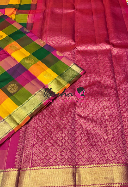 Pure Kanchipuram Silk Saree | Pazhum Pazhamum Checks |VVPS017
