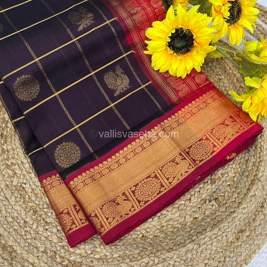 Pure Silk Cotton Saree - Mayil & Chakkaram Design - Brown with Red - VVMC001
