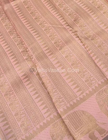 Semi Silk Saree - Kanchi Silk Style - Elephant Border - Brown with Peach - VVSSS005