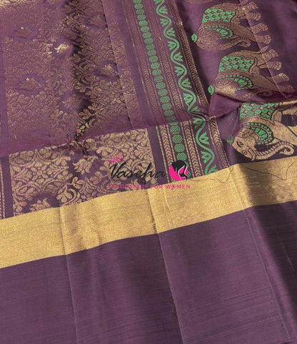 Half Mixed Soft Silk Saree - Rust Orange with Dark Purple - VVPSS028