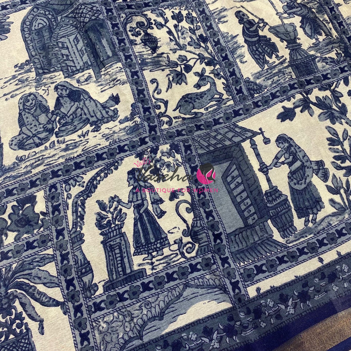 Semi Maheshwari Mixed Cotton Saree - Linen Feel - Indigo Blue - VVMSC008