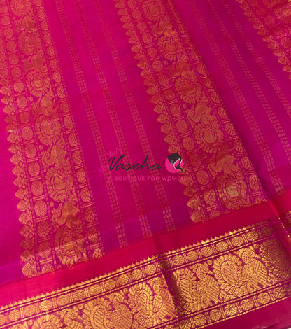 Pure Korvai Silk Cotton - Checks Pattern - Peacock Blue with Pink Shade  - VVKSC015
