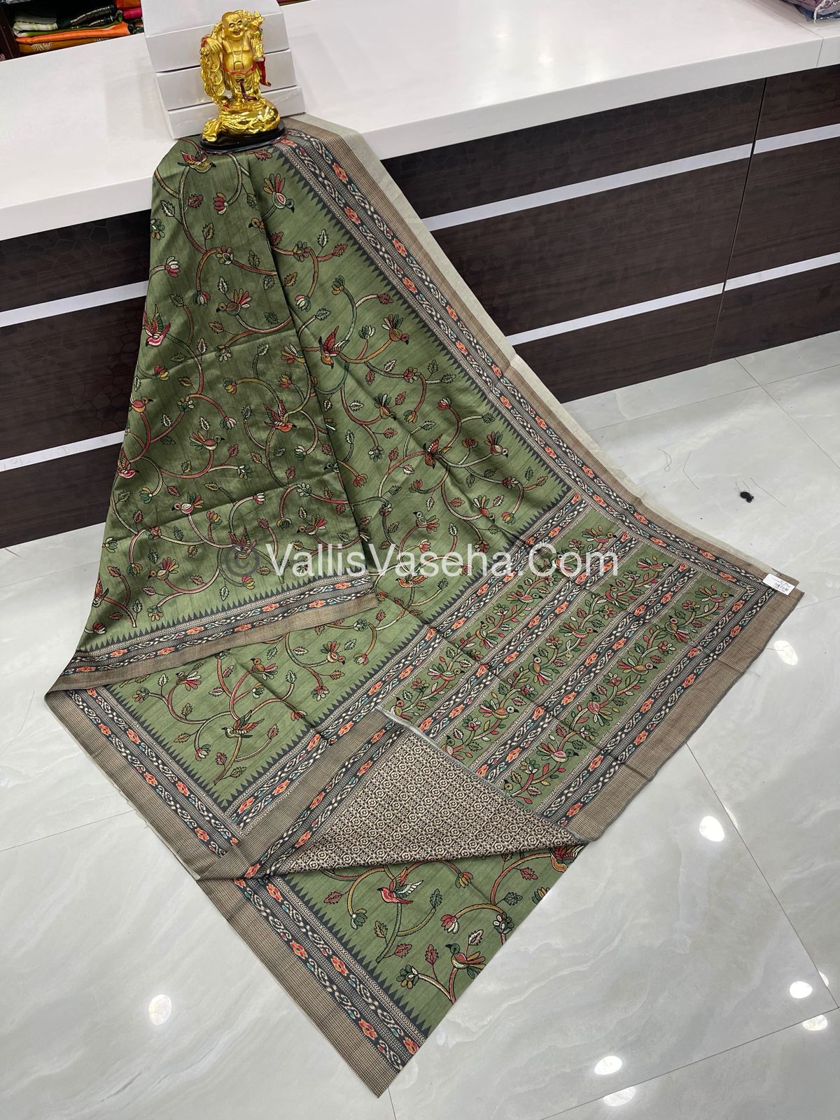 Semi Tussar - Kantha Work Embroidery - Green Shade - VVSTK001