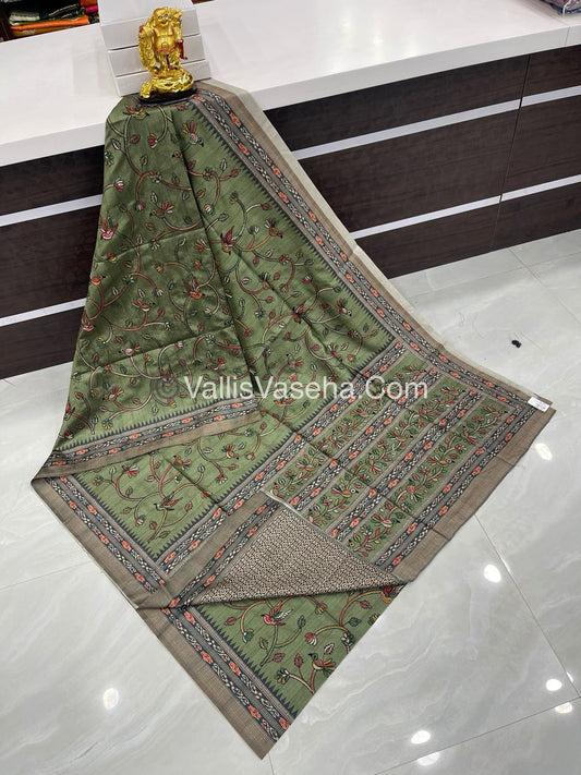 Semi Tussar - Kantha Work Embroidery - Green Shade - VVSTK001