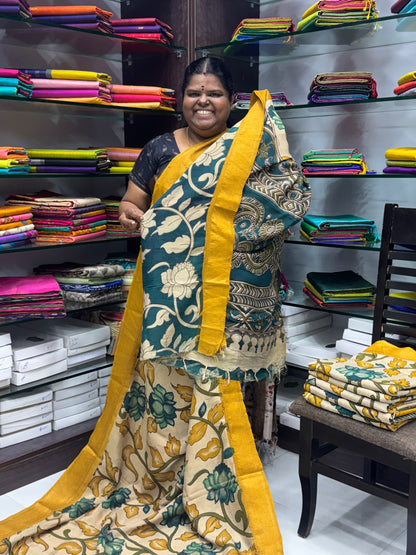 Chennur Silk | Kalamkari Prints | Cream With Yellow-VVCS005