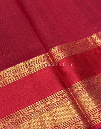 Pure Korvai Silk Cotton - Checks Pattern - Coffee Brown With Red Shade  - VVKSC034