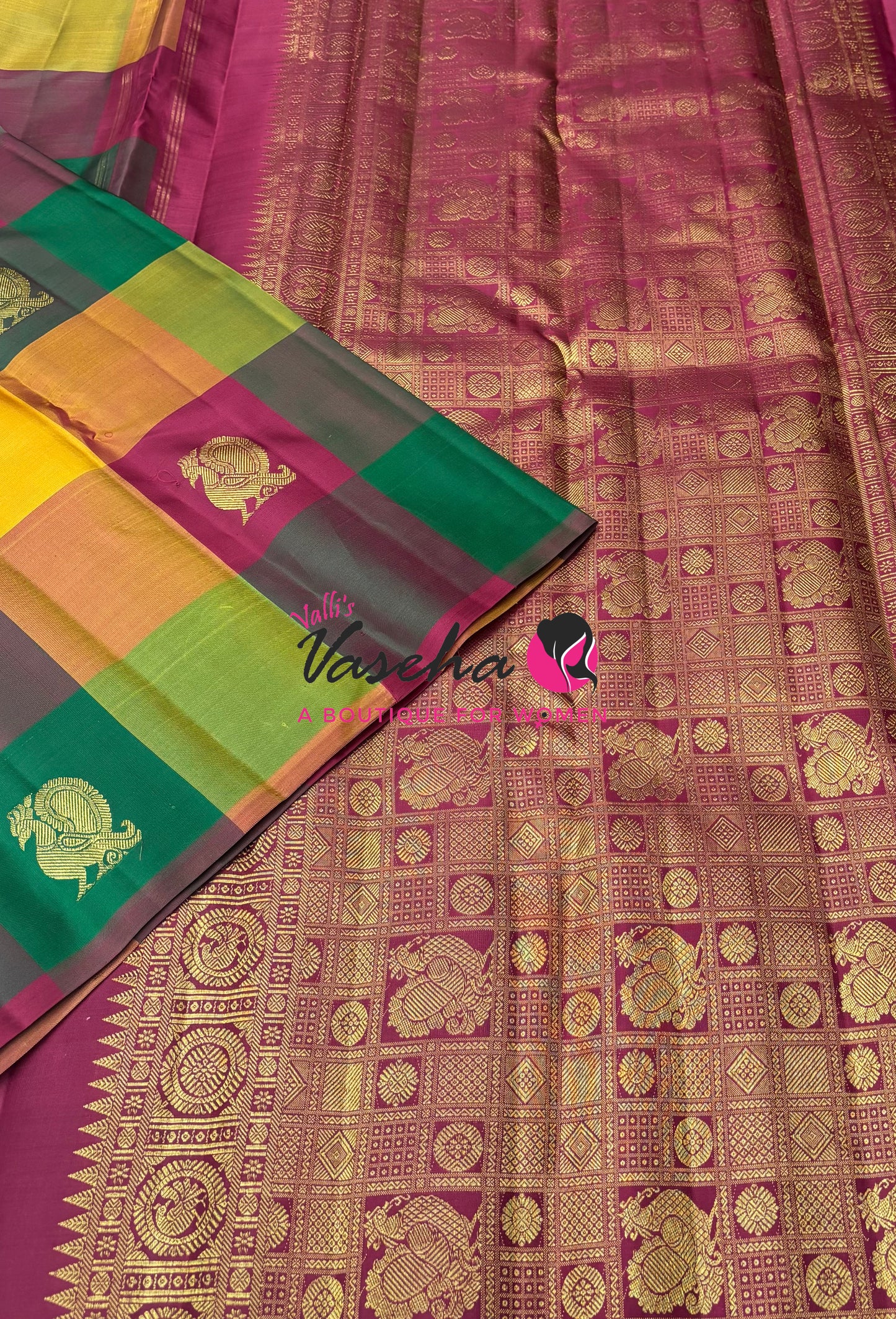 Pure Kanchipuram Silk Saree - Pazhum Pazhamum Checks - VVPS083