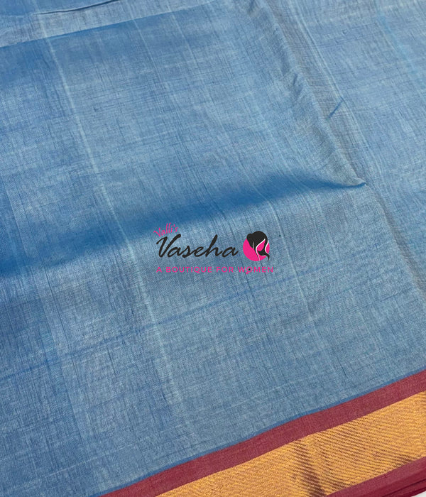 Pure Silk Cotton Sarees - Blue With Red - VVPSC003