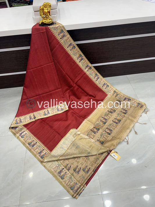 Semi Tussar Silk - Vairavoosi Design - Maroon & Cream Shade - VVSTS030