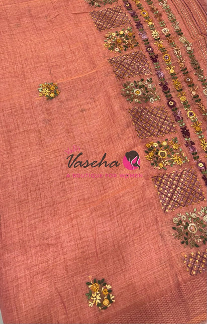 French Knot - Linen Tissue Saree - Peach Shade - VVLFN017