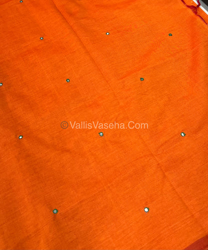 South Mixed Cotton - Mirror Work Embroidery - Orange With Green  - VVPCM002