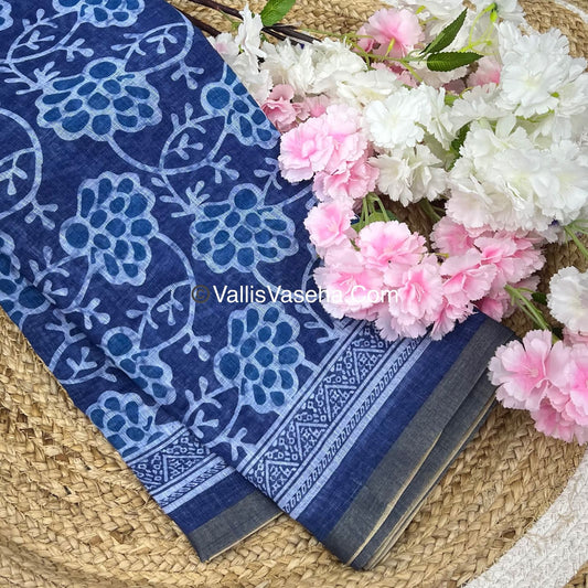 Linen Mixed Cotton Saree - Indigo Blue - Printed - VVLMP001